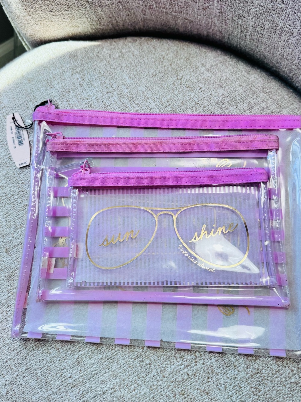 Victoria's Secret Pink Striped Clear  3 piece Pouch set